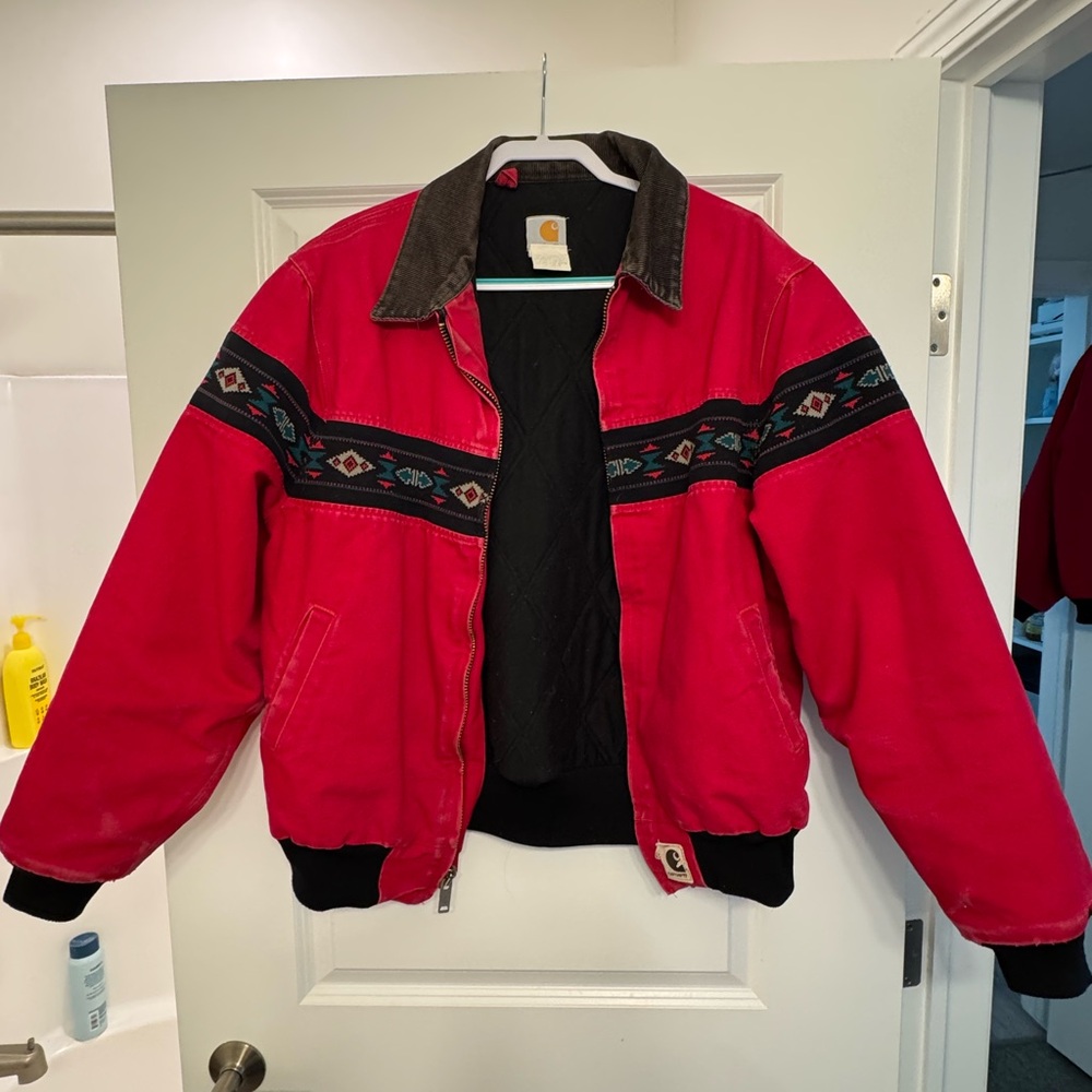 Red Carhartt Jacket with Patterned Trim
